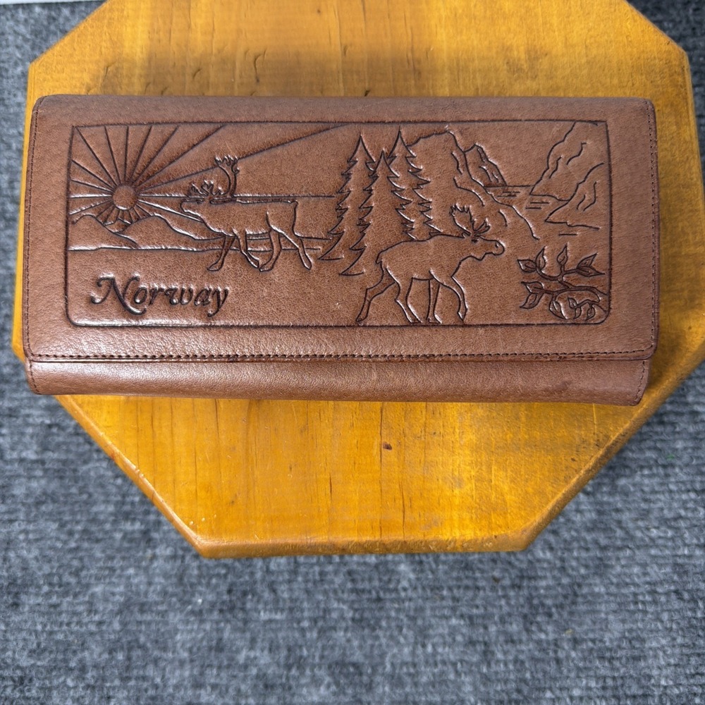 Vintage Norwy Genuine Leather Wallet Brown Embossed Moose Deer Scenic Design